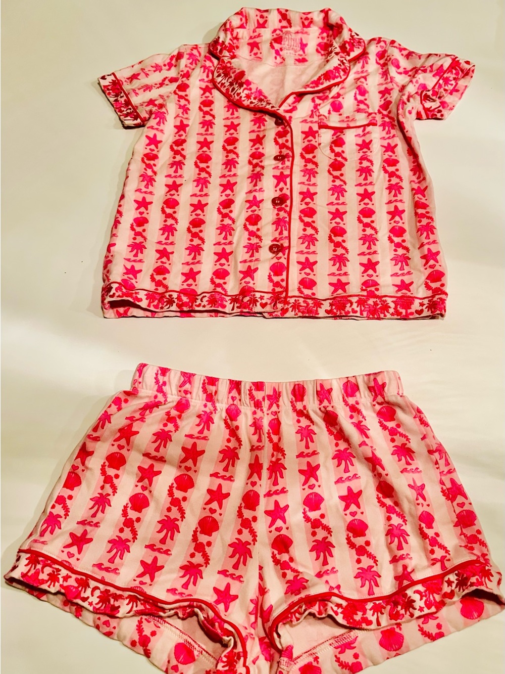 Girls' Pink Striped Short Pajama Set with Tropical Motif
